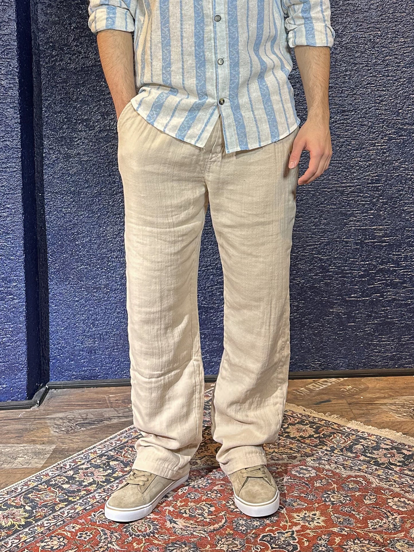 Erkek Baggy Keten Pantolon - Bej