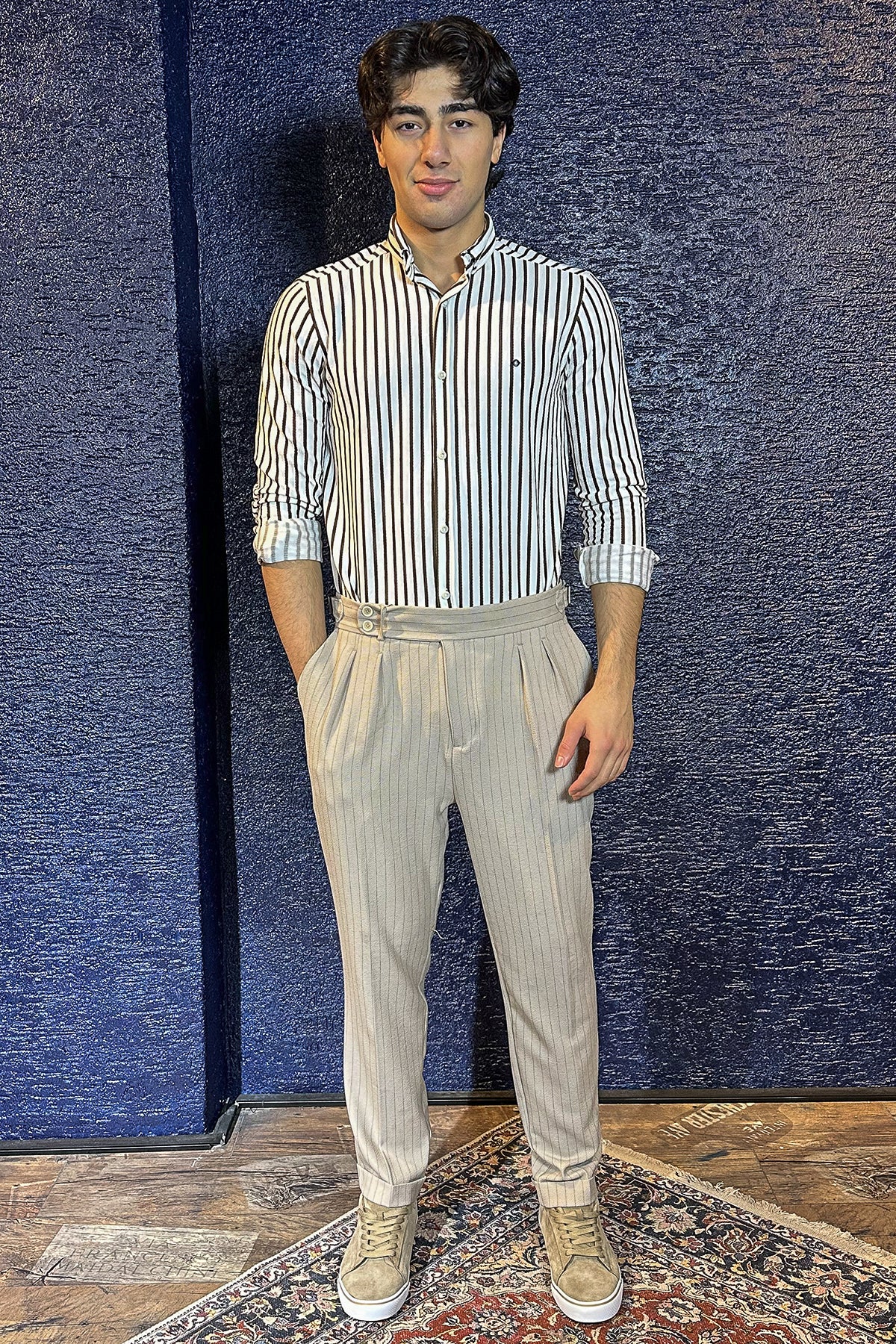 Çift Düğme Detaylı Çizgili Jogger Pantolon - Ekru