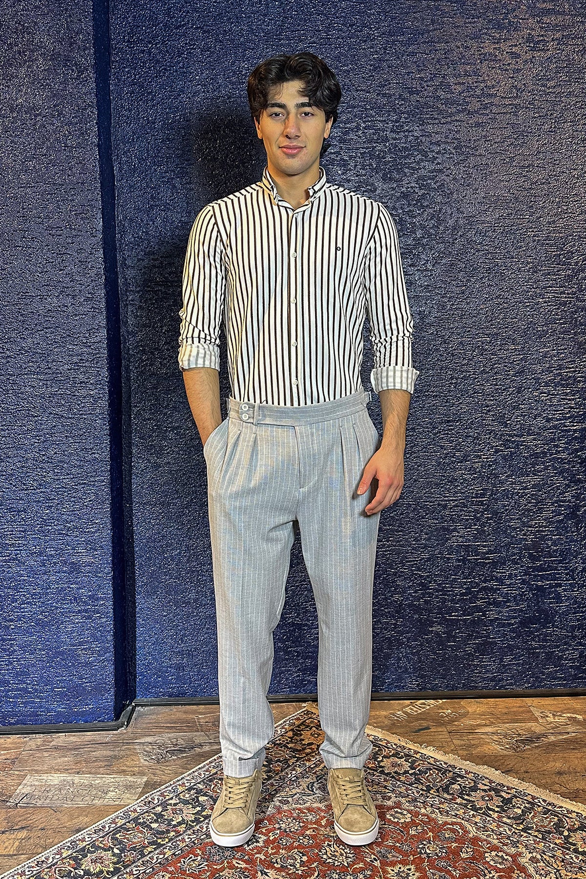 Çift Düğme Detaylı Çizgili Jogger Pantolon - Gri