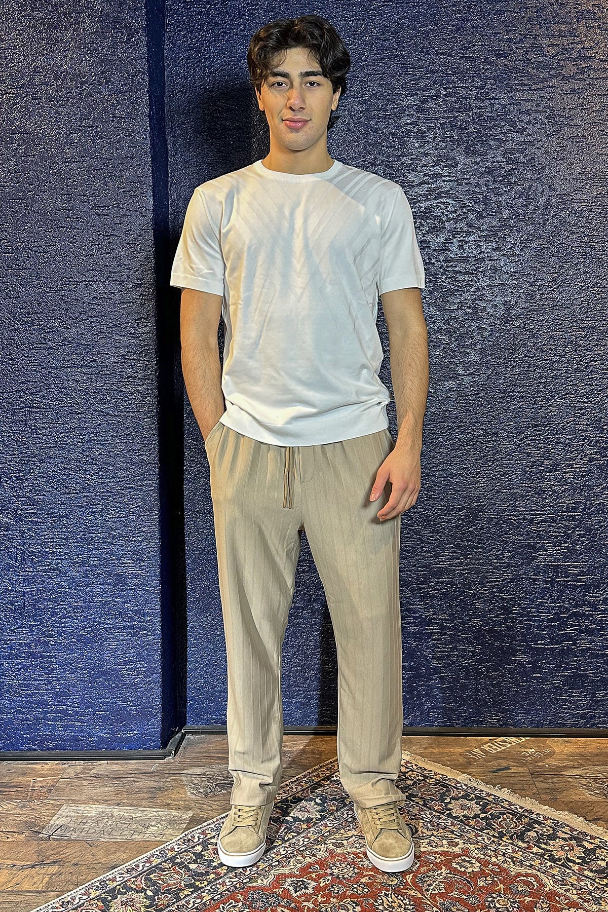 Erkek Pileli Beli Lastikli Baggy Pantolon - Bej