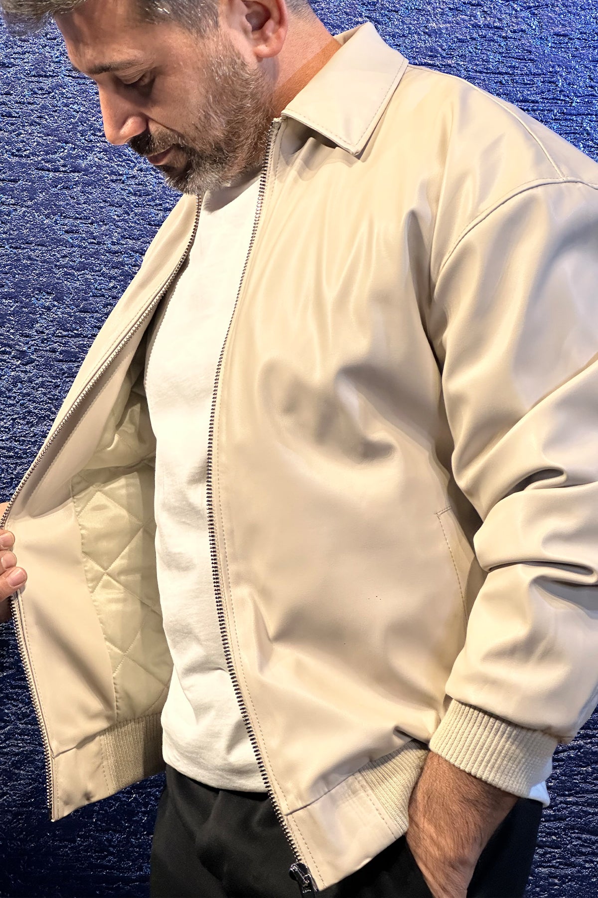 Şanghay Bej Fermuarlı Bomber Mont Yarım Şişme