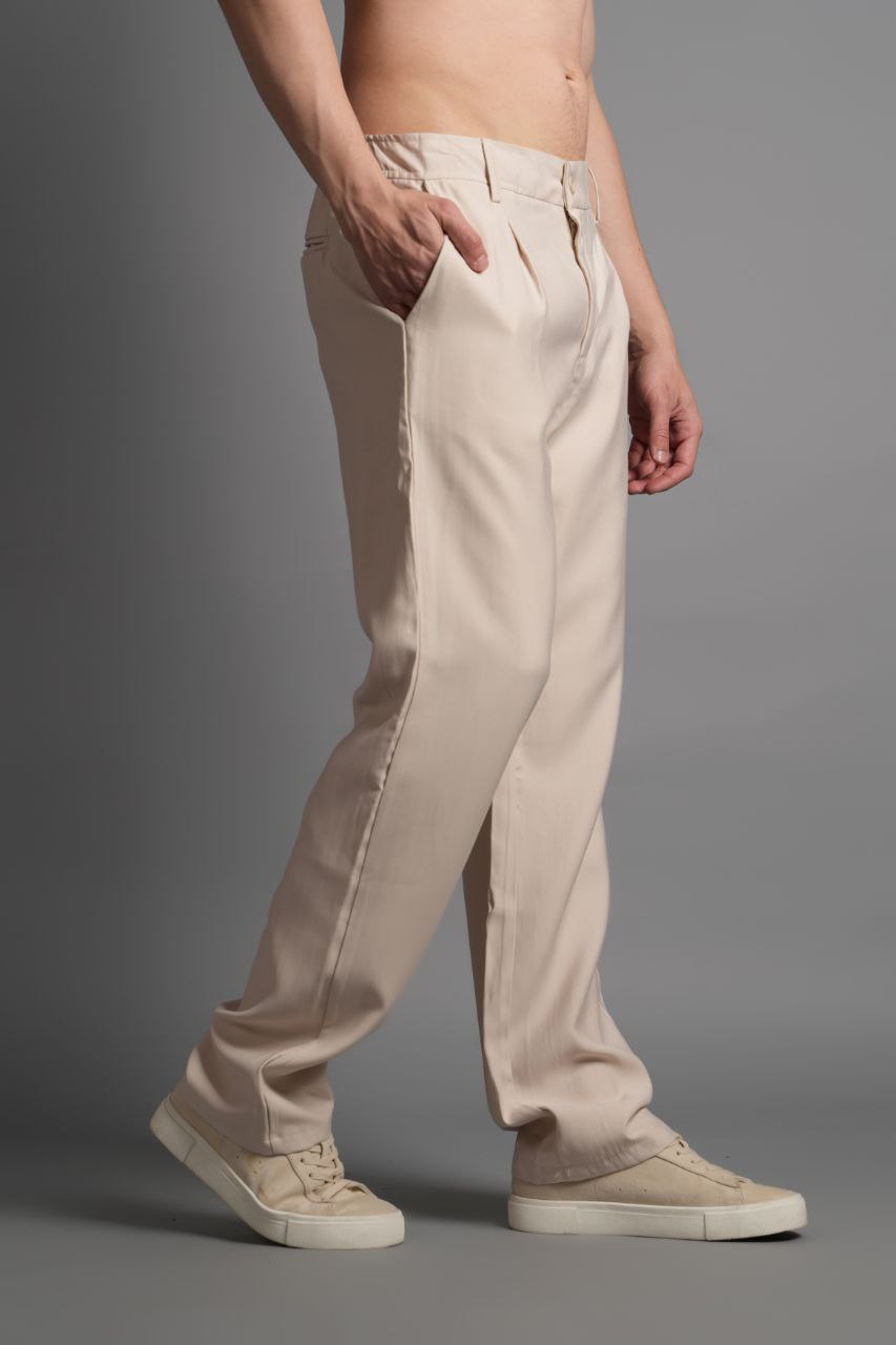 Tensel Kumaş Beli Yarım Lastikli Pantolon Bej