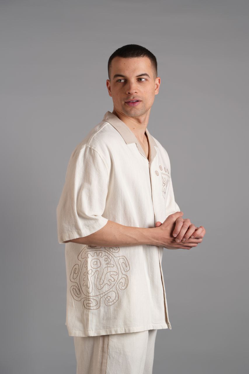 Yaka Garnili Nakışlı Keten Gömlek - Pamuklu Yumuşak Dokusu ile Rahat Şıklık - Ekru