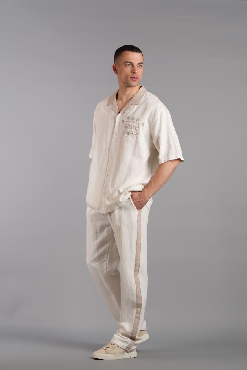 Yaka Garnili Nakışlı Keten Gömlek - Pamuklu Yumuşak Dokusu ile Rahat Şıklık - Ekru