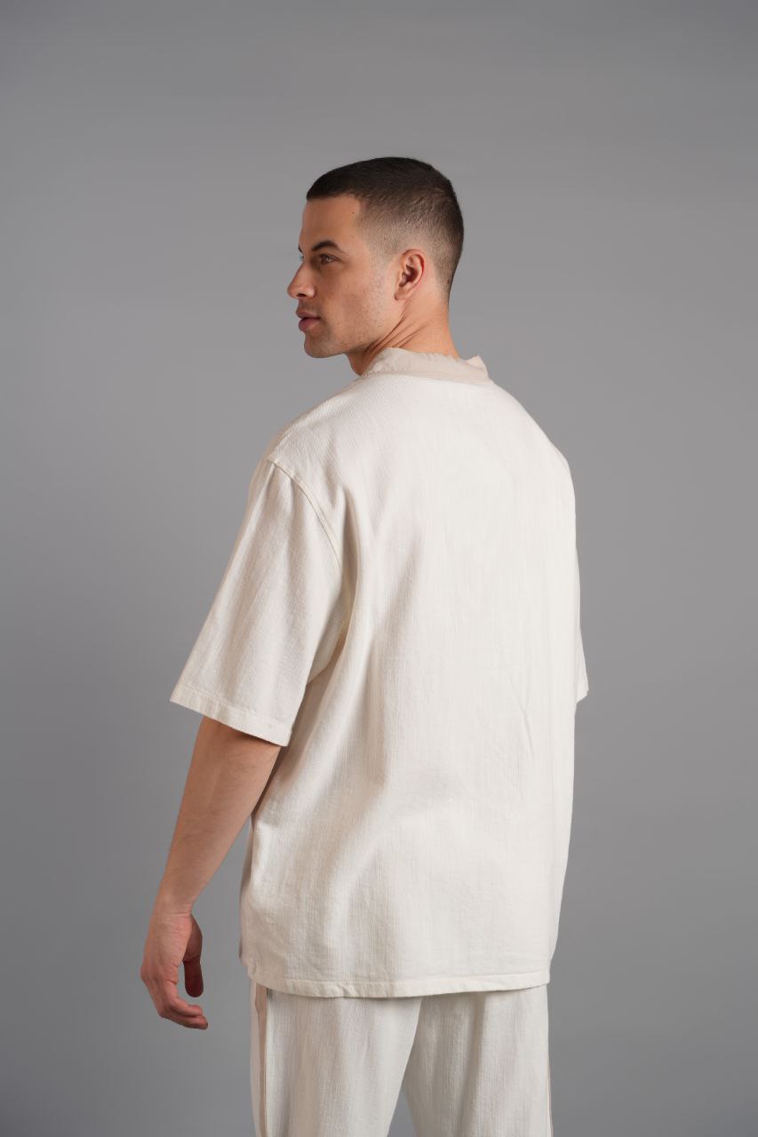 Yaka Garnili Nakışlı Keten Gömlek - Pamuklu Yumuşak Dokusu ile Rahat Şıklık - Ekru