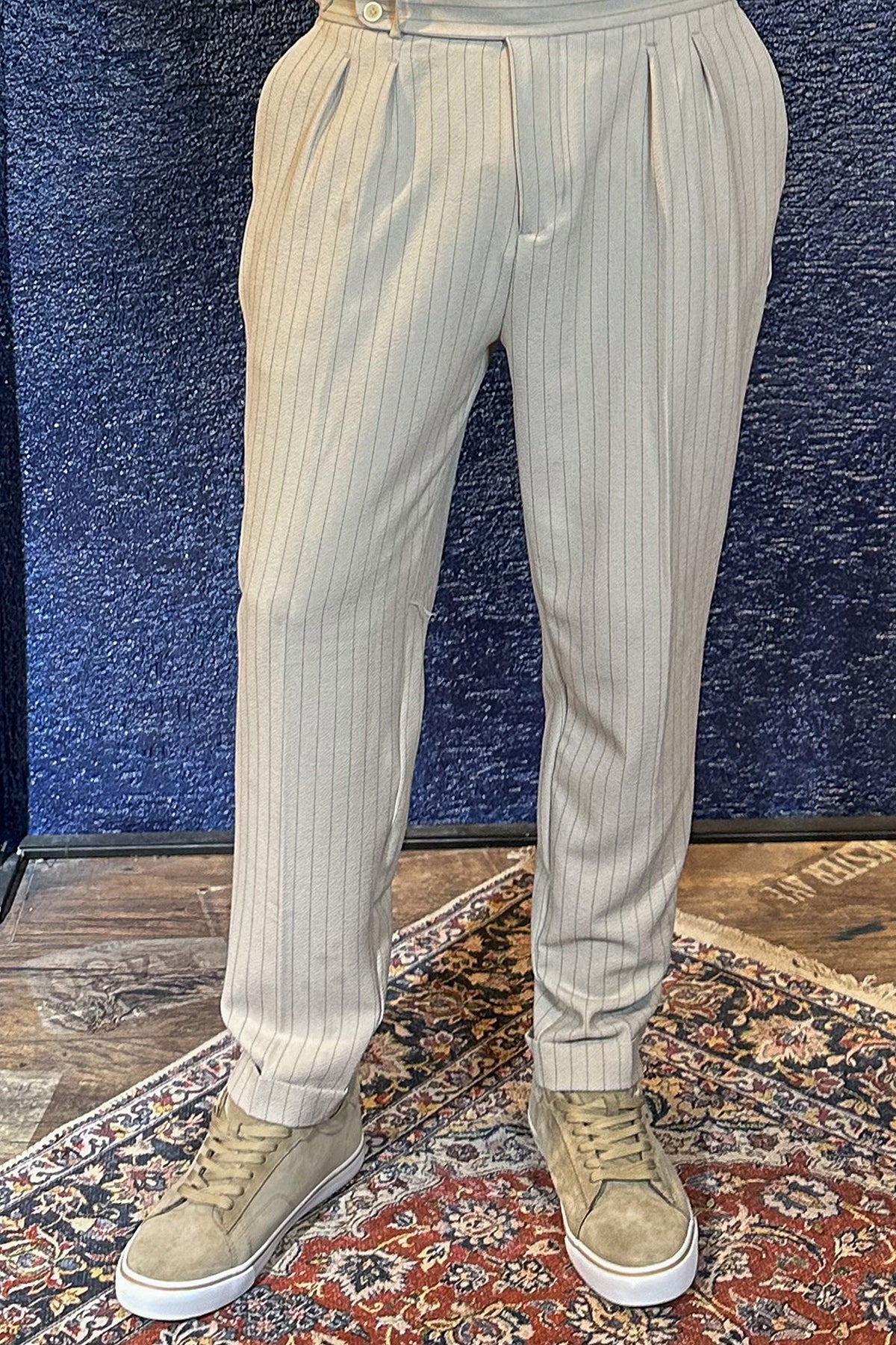 Çift Düğme Detaylı Çizgili Jogger Pantolon - Ekru