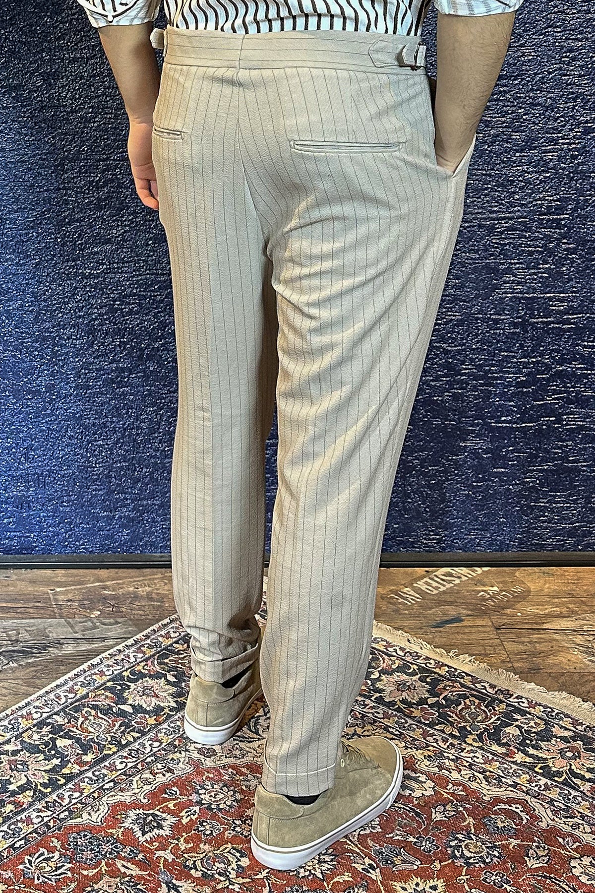 Çift Düğme Detaylı Çizgili Jogger Pantolon - Ekru