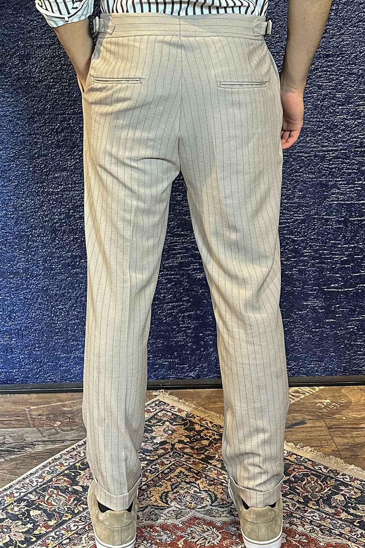 Çift Düğme Detaylı Çizgili Jogger Pantolon - Ekru