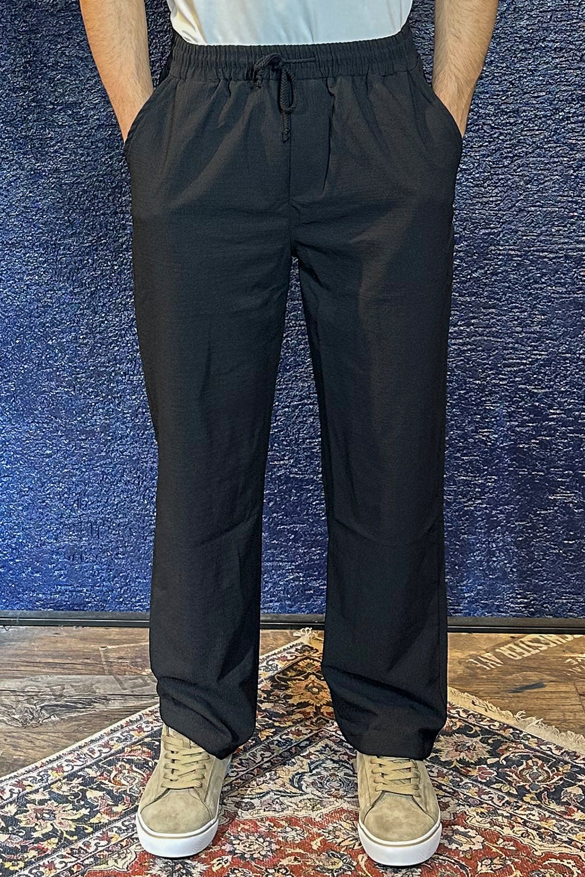 Beli Lastikli Erkek Baggy Keten Pantolon - Siyah