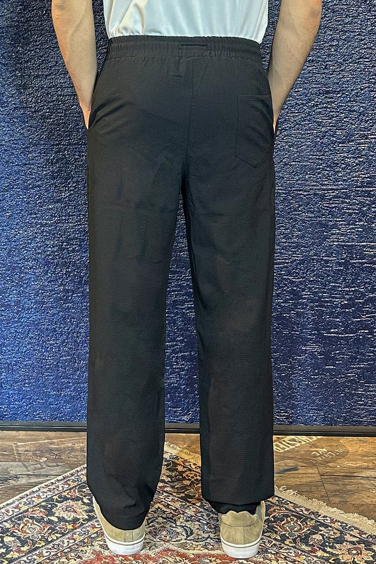 Beli Lastikli Erkek Baggy Keten Pantolon - Siyah