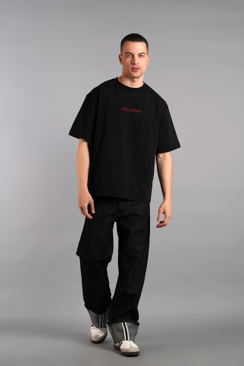 Sırtı Kuş Nakışlı T-shirt - Siyah