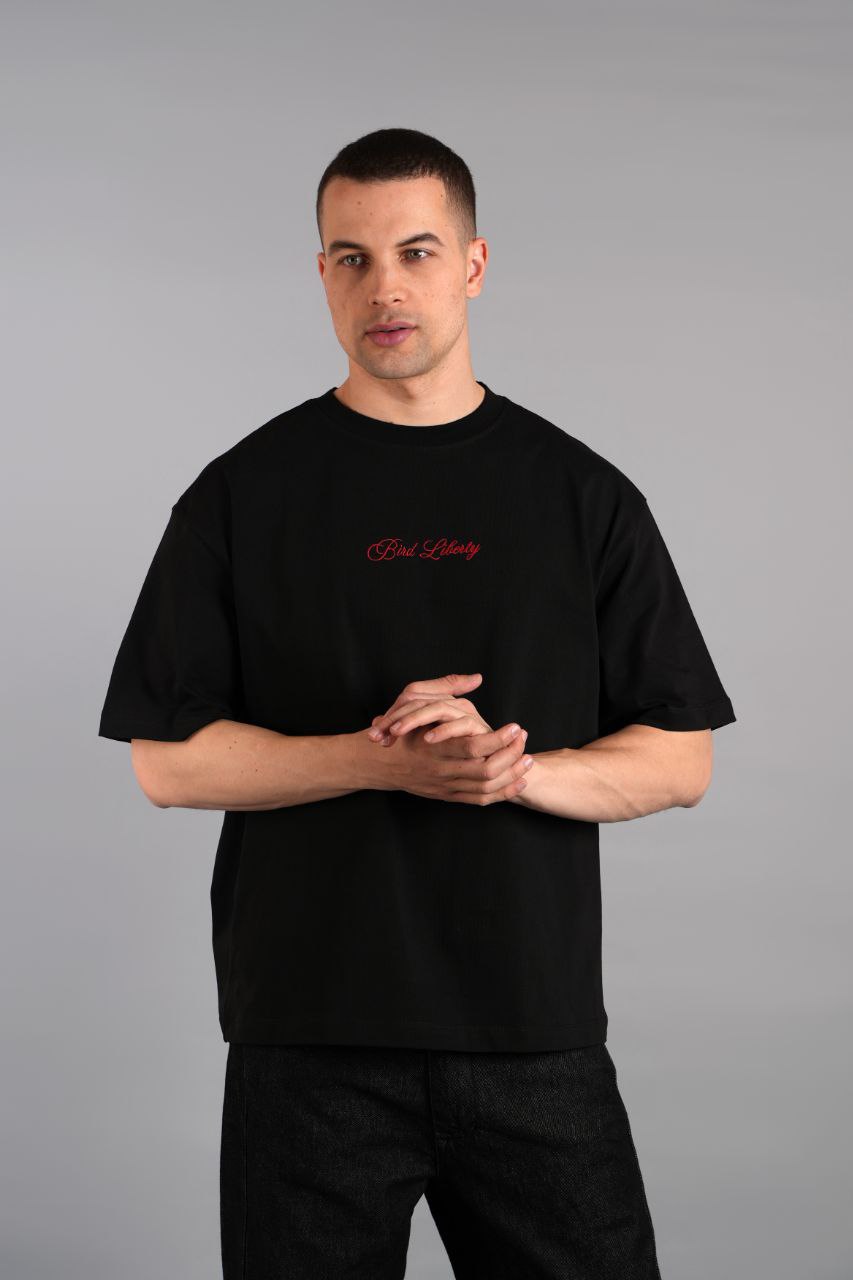 Sırtı Kuş Nakışlı T-shirt - Siyah