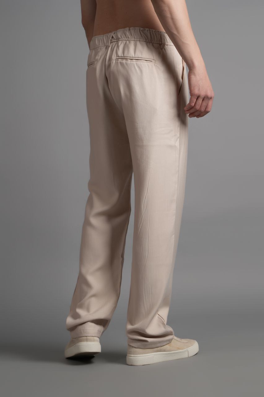 Tensel Kumaş Beli Yarım Lastikli Pantolon Bej